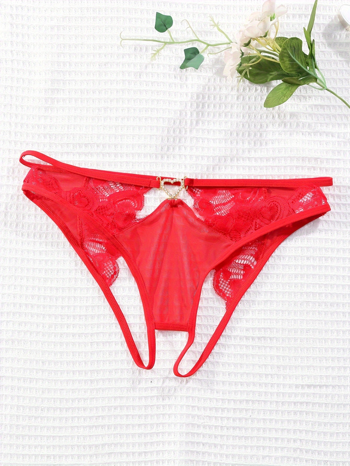 Women's Red Lace Panties with Heart-Shaped Clasp Knitted Fabric Underwear