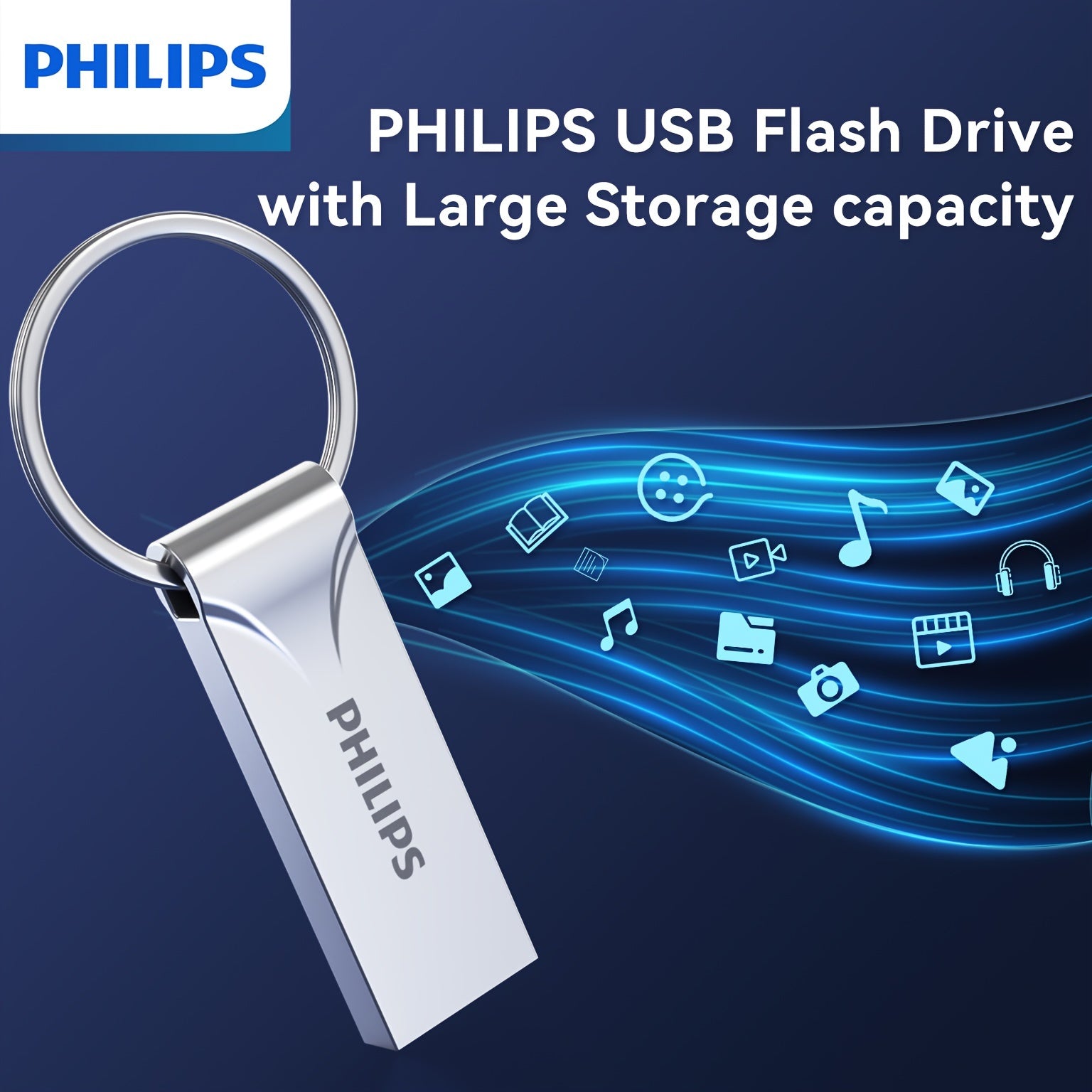 Katta sig'imli USB flesh-disk, ko'chma kalit zanjiri dizayni bilan, ko'pchilik qurilmalar uchun mos keladi.