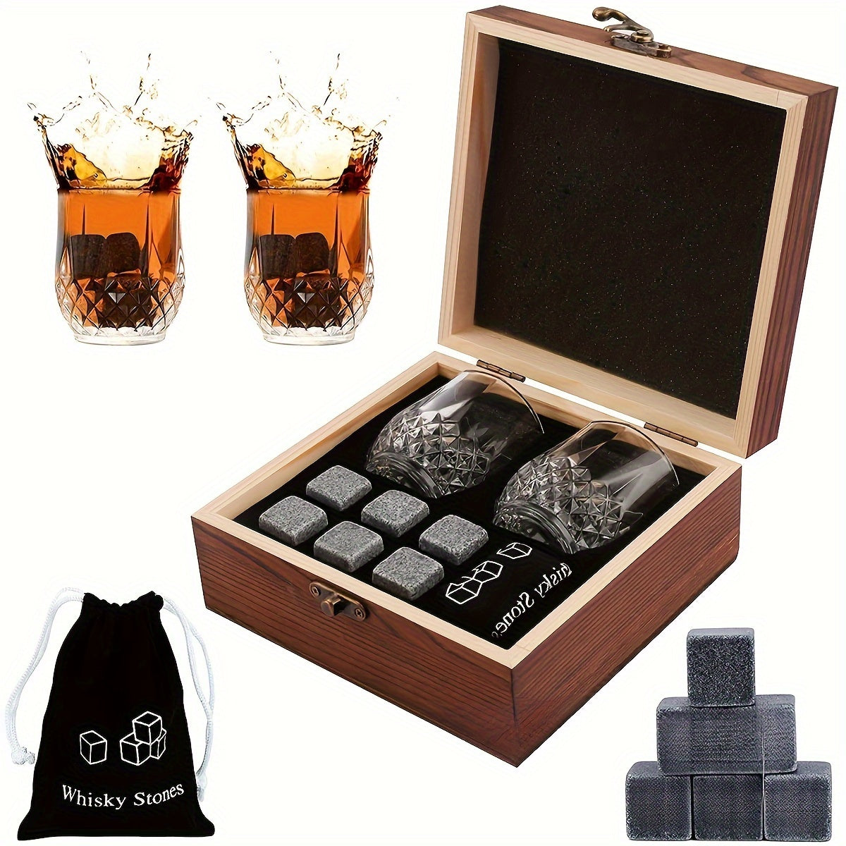 Engraved Whiskey Glasses Gift Set with Reusable Granite Ice Cubes and Wooden Storage