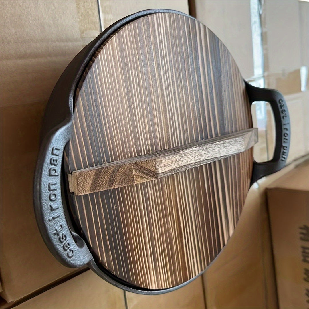 Cast Iron Skillet with Wooden Lid Oval 10 Inch for Searing Sautéing and Frying