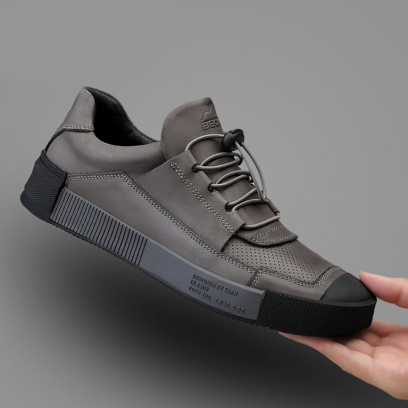 Men's Leather Sneakers with Striped Lace-Up Design, Rubber Sole, Breathable Fabric Inner
