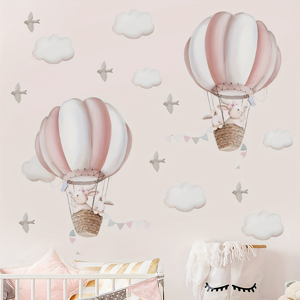 Adhesivos de pared para pequeños conejos, nubes y pájaros en globos aerostáticos, decoración para dormitorio y sala de estar