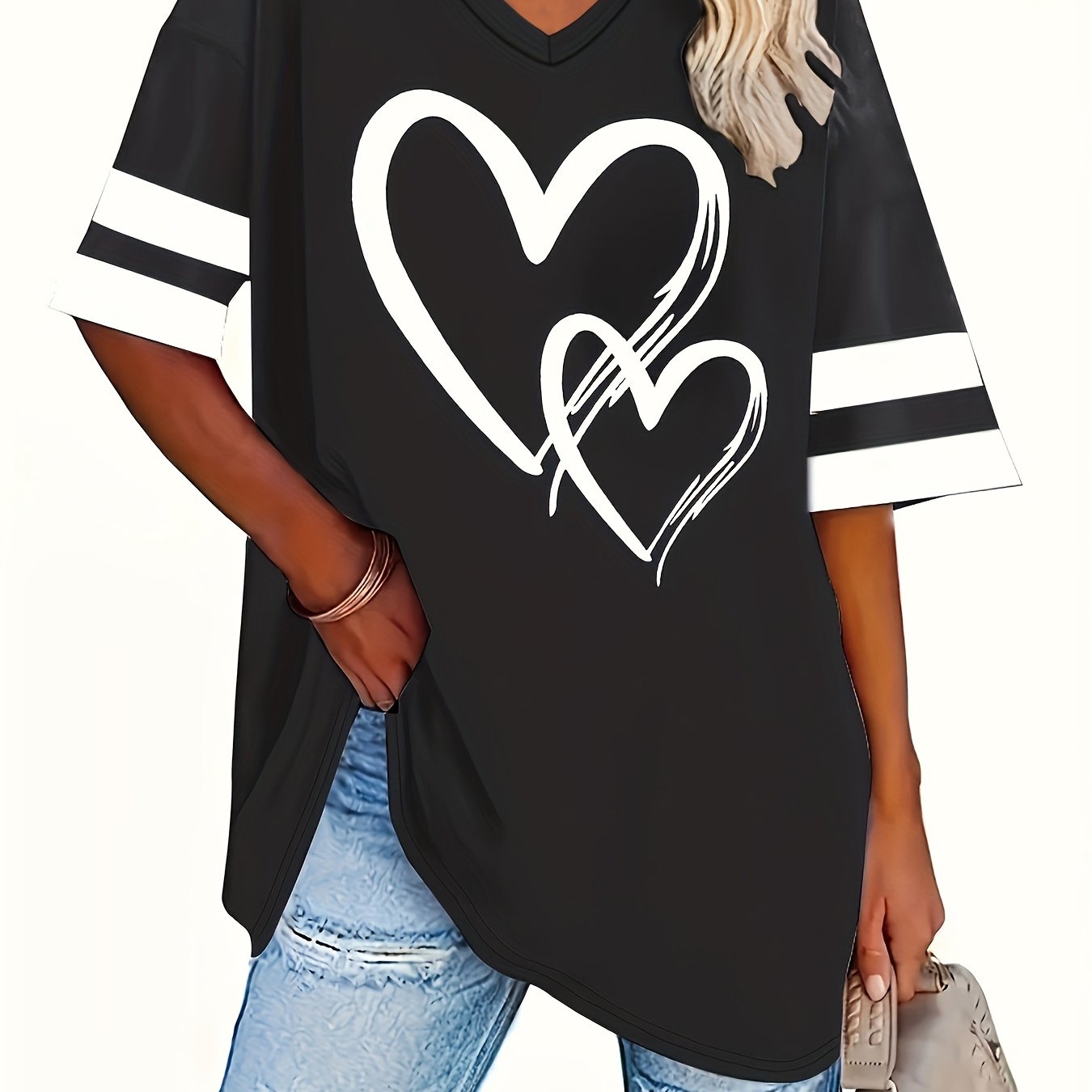Plus Size Heart Print T-Shirt Casual Short Sleeve V Neck Top for Summer