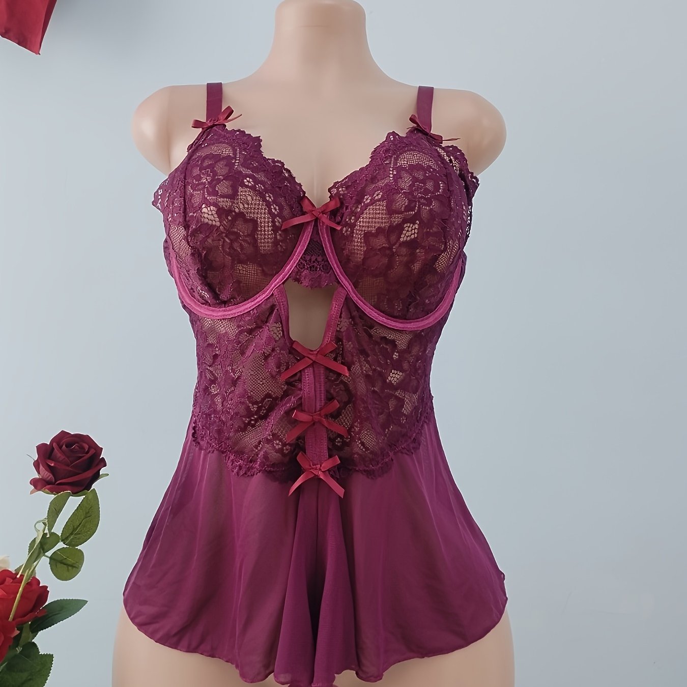 Plus Size Women's Deep V Floral Bodycon Bodysuit with Bow and Steel Ring