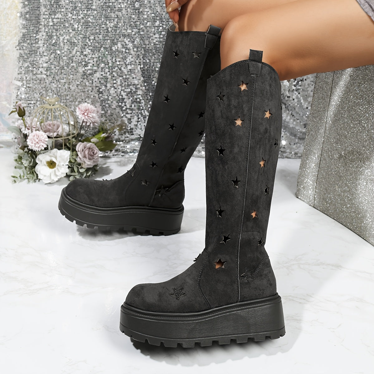 Women's Spring Ankle Boots Rubber Platform Slip-On Beige Star Embellishments