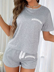 Women's Sleepwear Set with Crew Neck Top and Bow Shorts Polyester All-Season