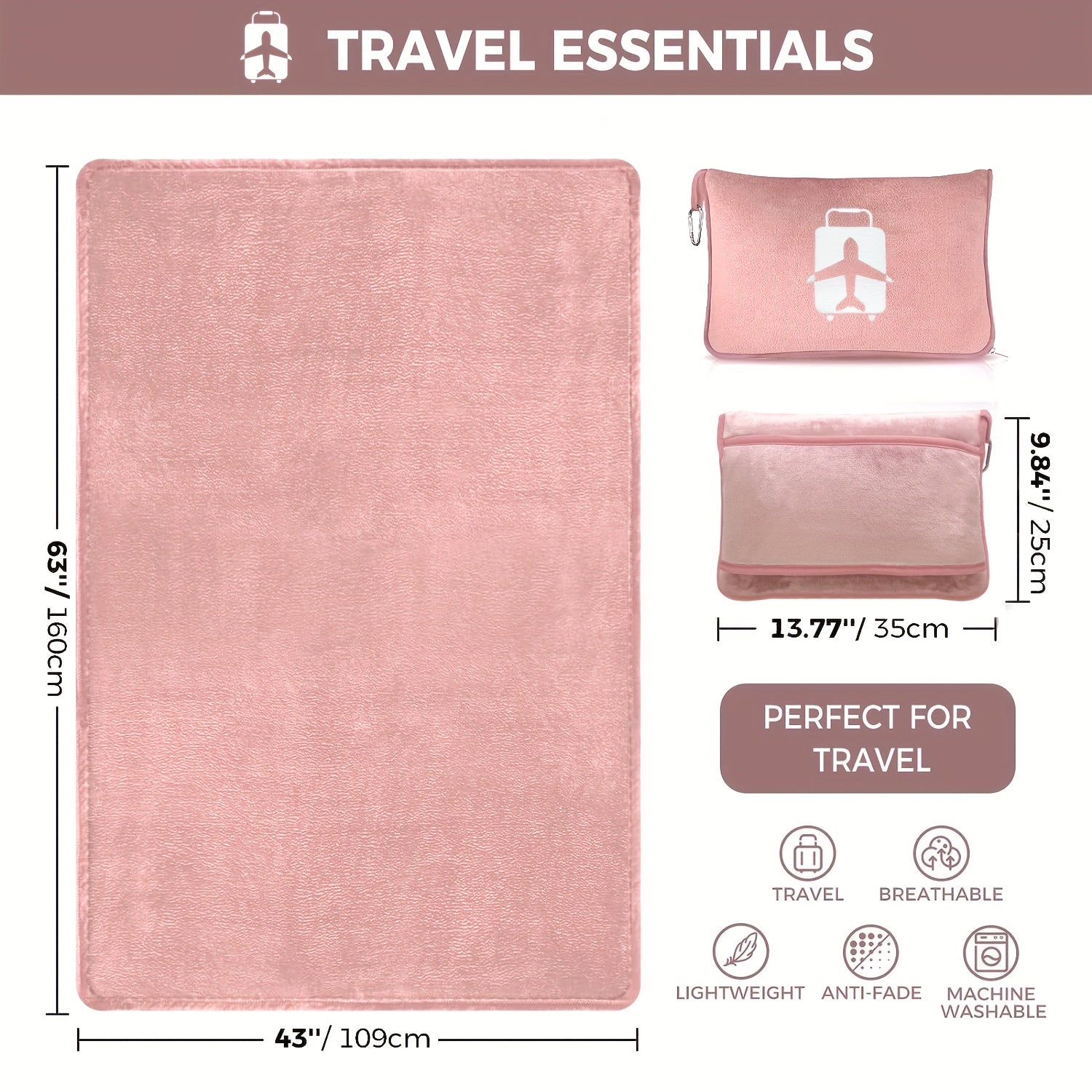 Travel Blanket and Pillow Set with Soft Bag Pillowcase Hand Luggage Sleeve and Backpack Clip