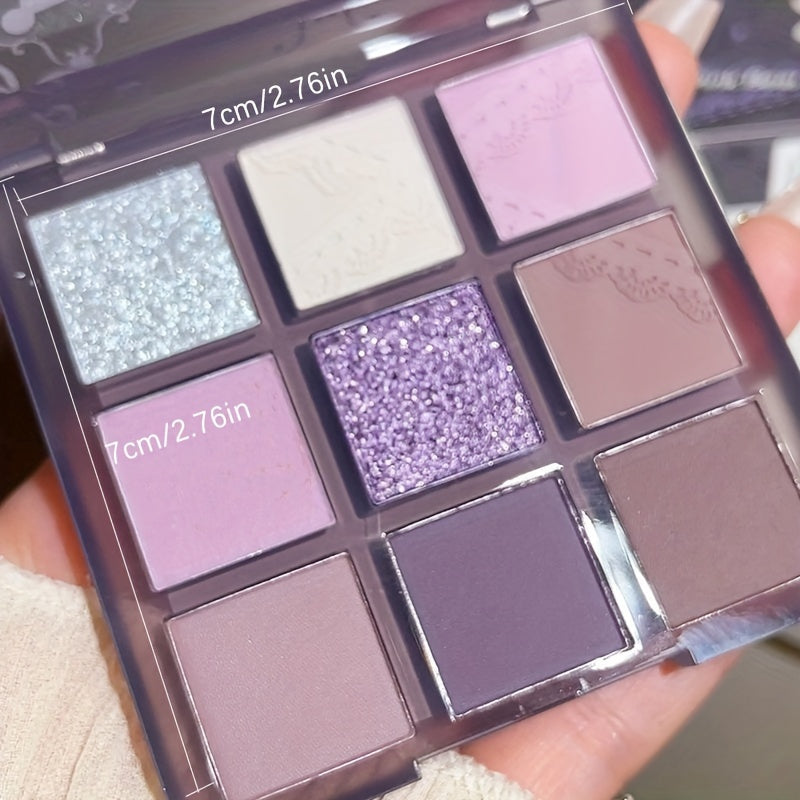 Paleta de sombras de ojos de 9 colores para mujer, morado ahumado, gris, glitter, mate