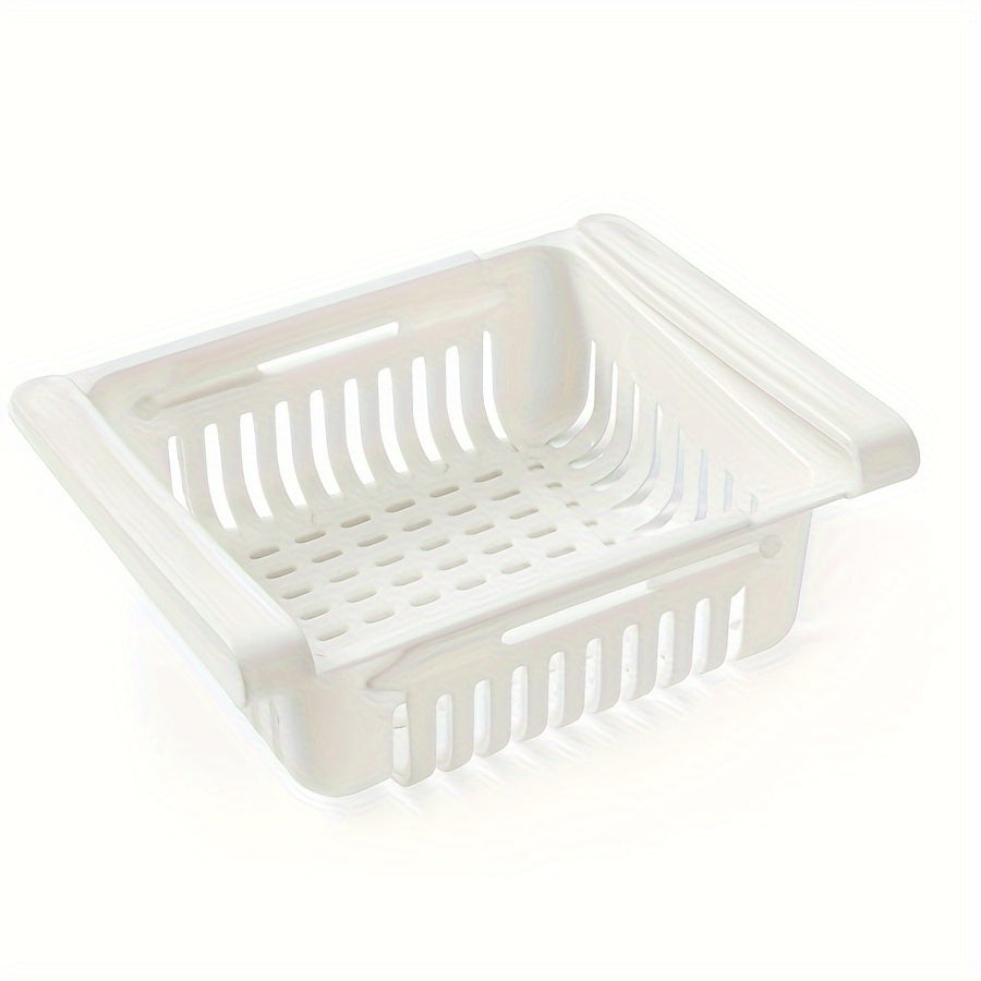 Moslashuvchan muzlatgich saqlash savati, oziq-ovqat uchun xavfsiz plastmassa, yangi mahsulotlar va muzlatgich uchun joyni tejovchi slayder dizayni, yengil ko'k, pushti, oq ranglarda