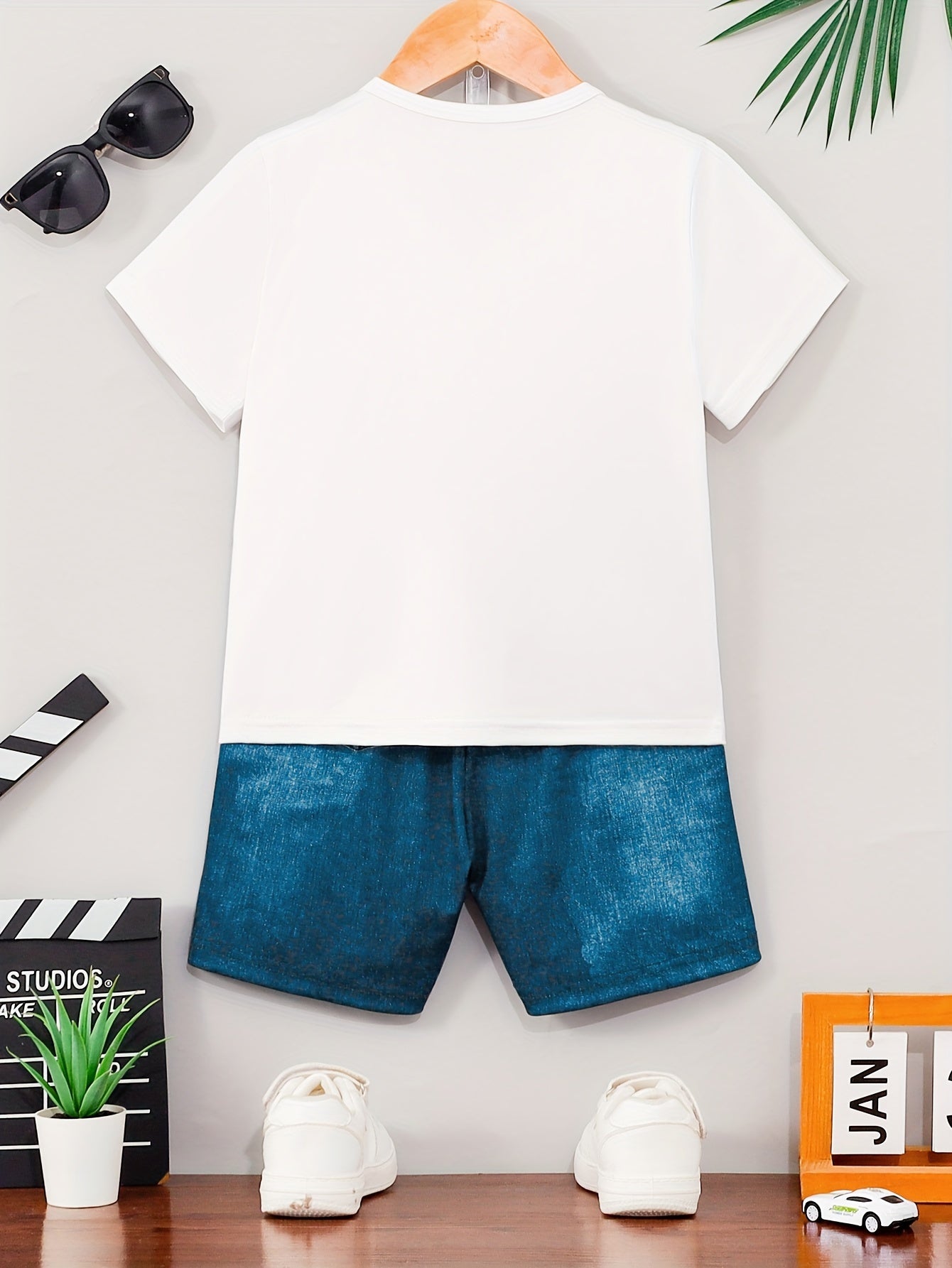 Boys' Summer Car Pattern Short Sleeve T-Shirt and Imitation Denim Shorts Set Kids' Casual Clothing