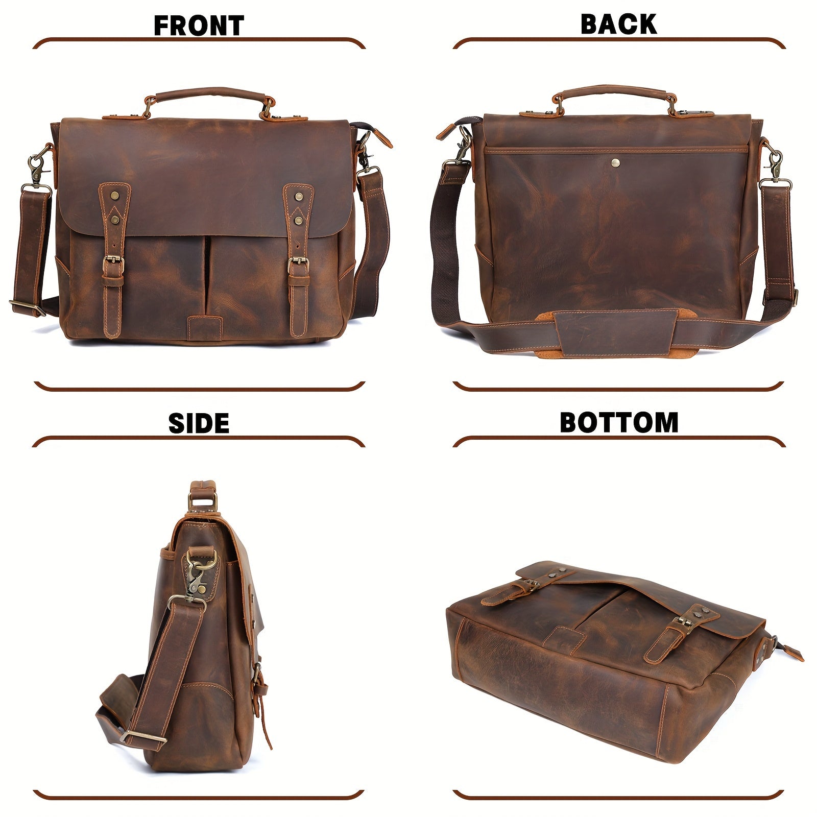 Men's Cowhide Leather Briefcase Laptop Messenger Bag Casual Style Zipper Closure