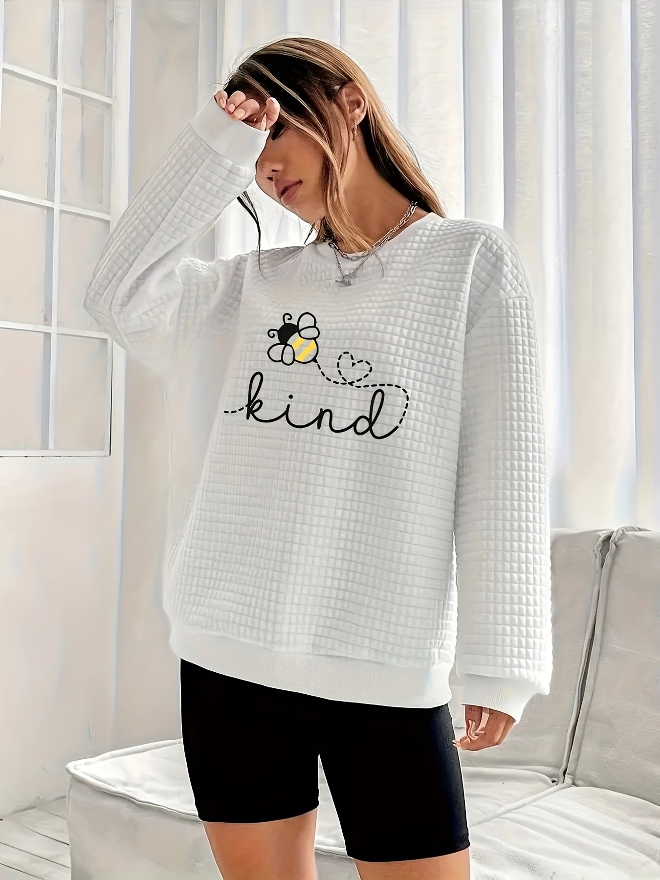 Plus Size Women's Beige Geometric Sweatshirt Casual Fall Winter Pullover