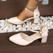 Women's Summer Sandals Open-Toe Thick Heel Bow Buckle Casual