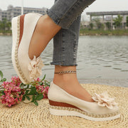 Women's Floral Embellished Pointed Toe Wedge Shoes with Cushioned Sole