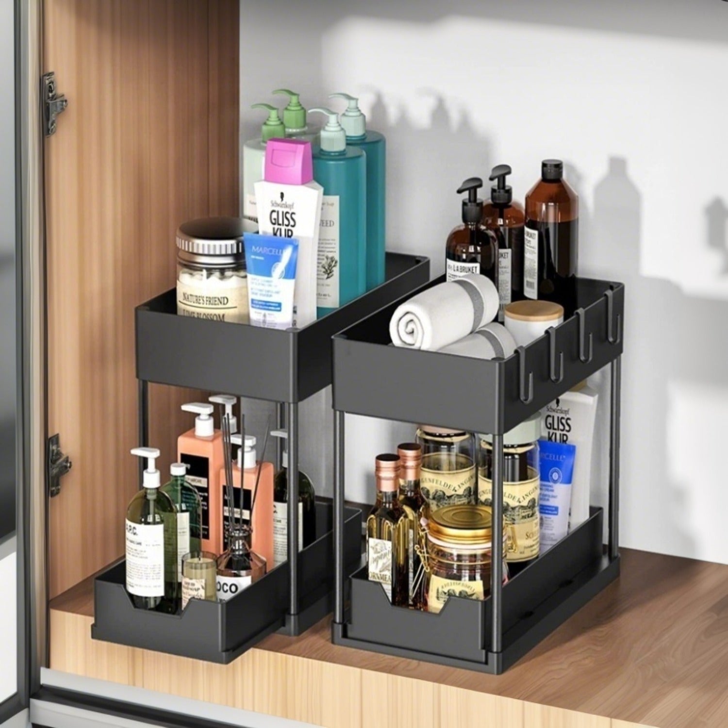 Two-Tier Pull-Out Sink Organizer with Hooks Plastic Kitchen Bathroom Storage Basket