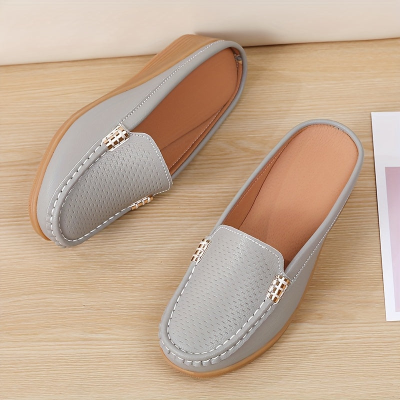 Women Slip-On Loafers Faux Leather Casual Shoes Golden Buckle All-Season