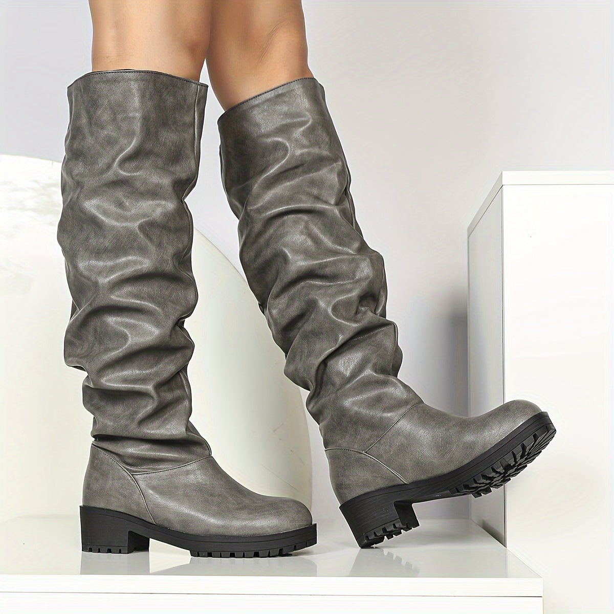 Women's Knee-High Boots Ruched Synthetic Leather All-Season
