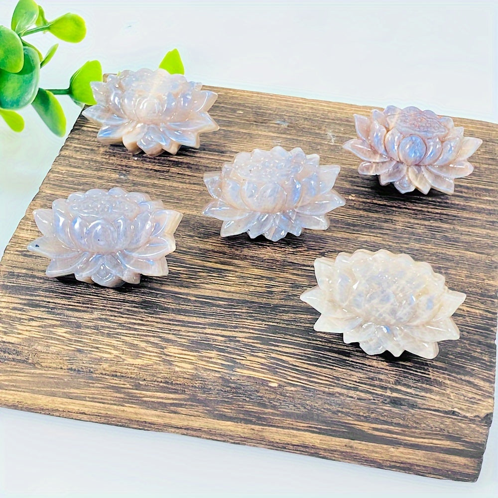Ручная работа Лунный камень Лотос Цветок Скульптура Кристалл-камень Искусственный драгоценный камень Домашний декор