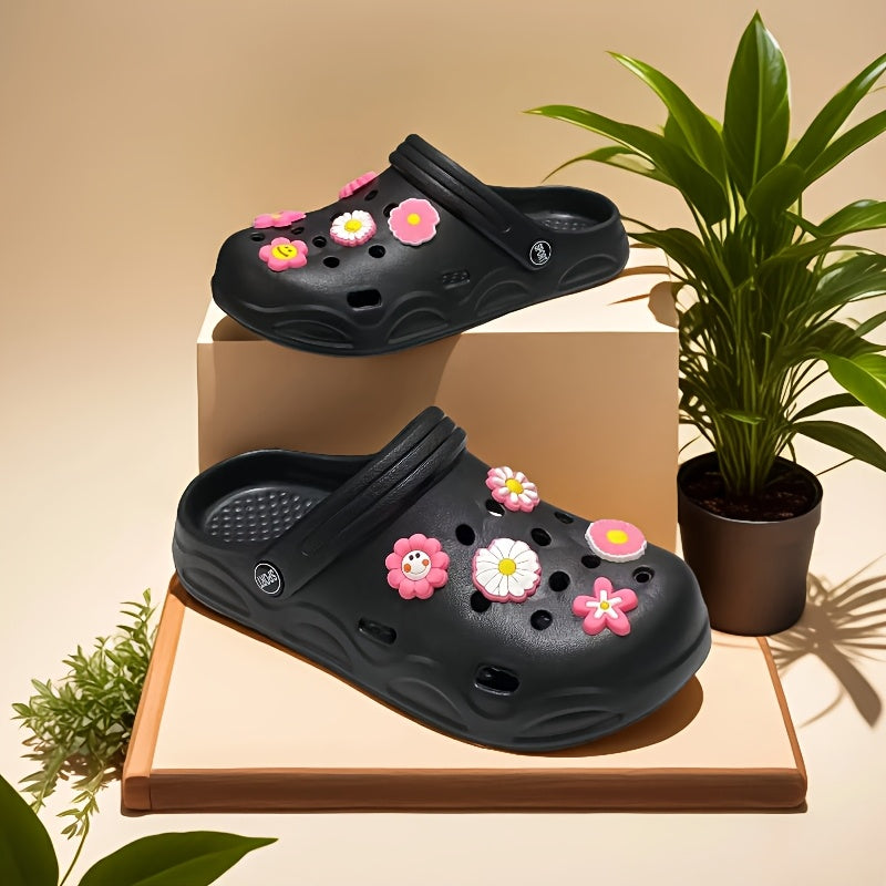Women's Summer Clogs With Pink Flower Accessories Slip-On Comfortable Beach Daily