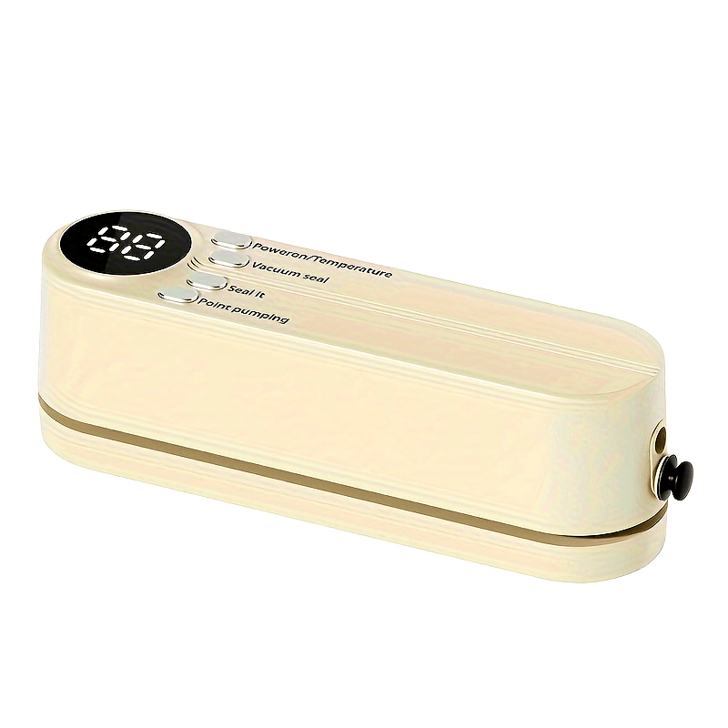 Bir tugma bilan ishlaydigan portativ vakuum yopishtiruvchi, tez yopish va joyni tejash uchun mo'ljallangan. Gazaklar, go'shtlar, mevalar va sabzavotlar uchun mos. Oshxonalarda uzoq muddatli oziq-ovqat saqlash uchun ideal.