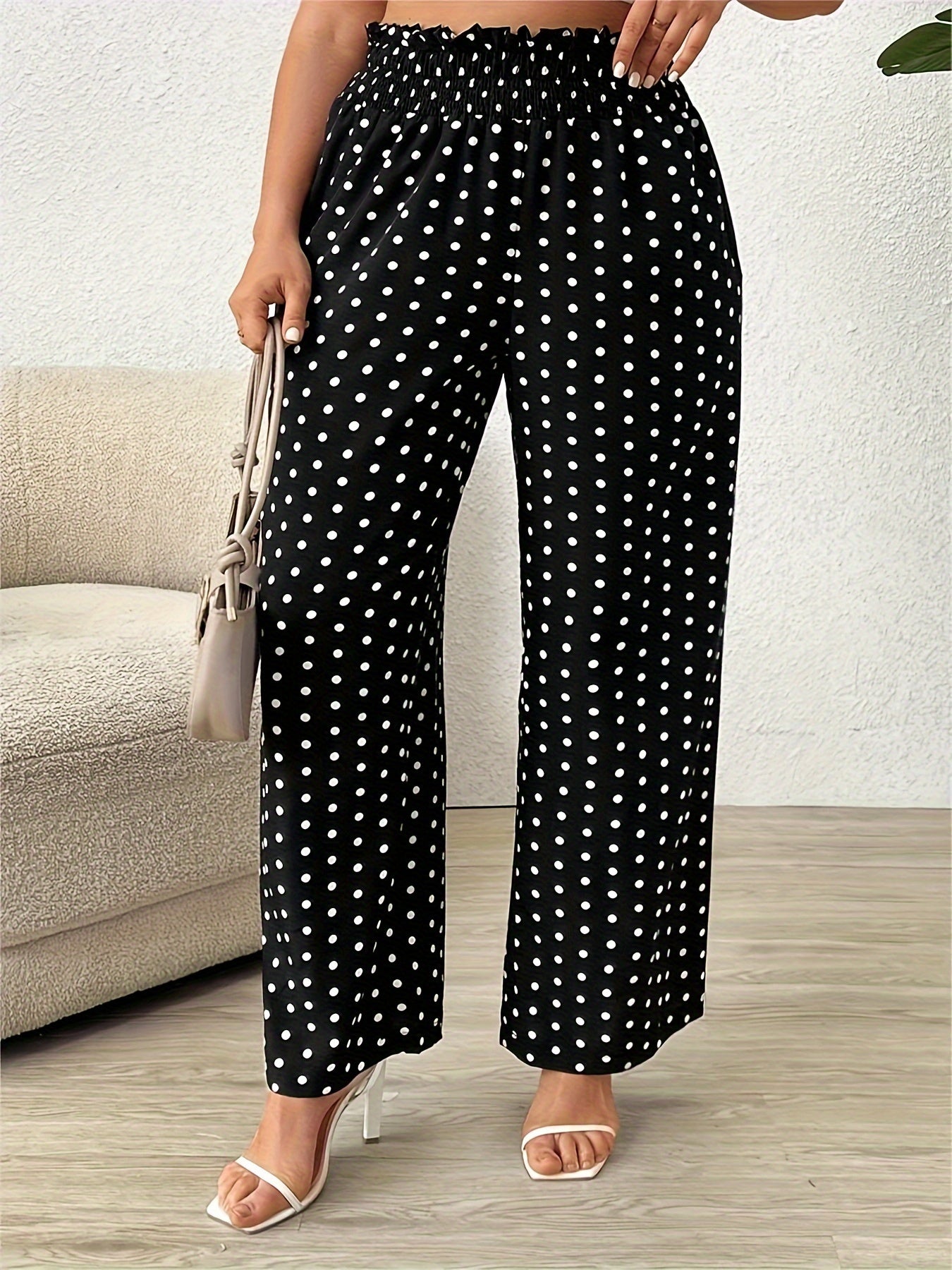 Women's Plus Size Polka Dot High-Waisted Wide-Leg Trousers Breathable Comfortable