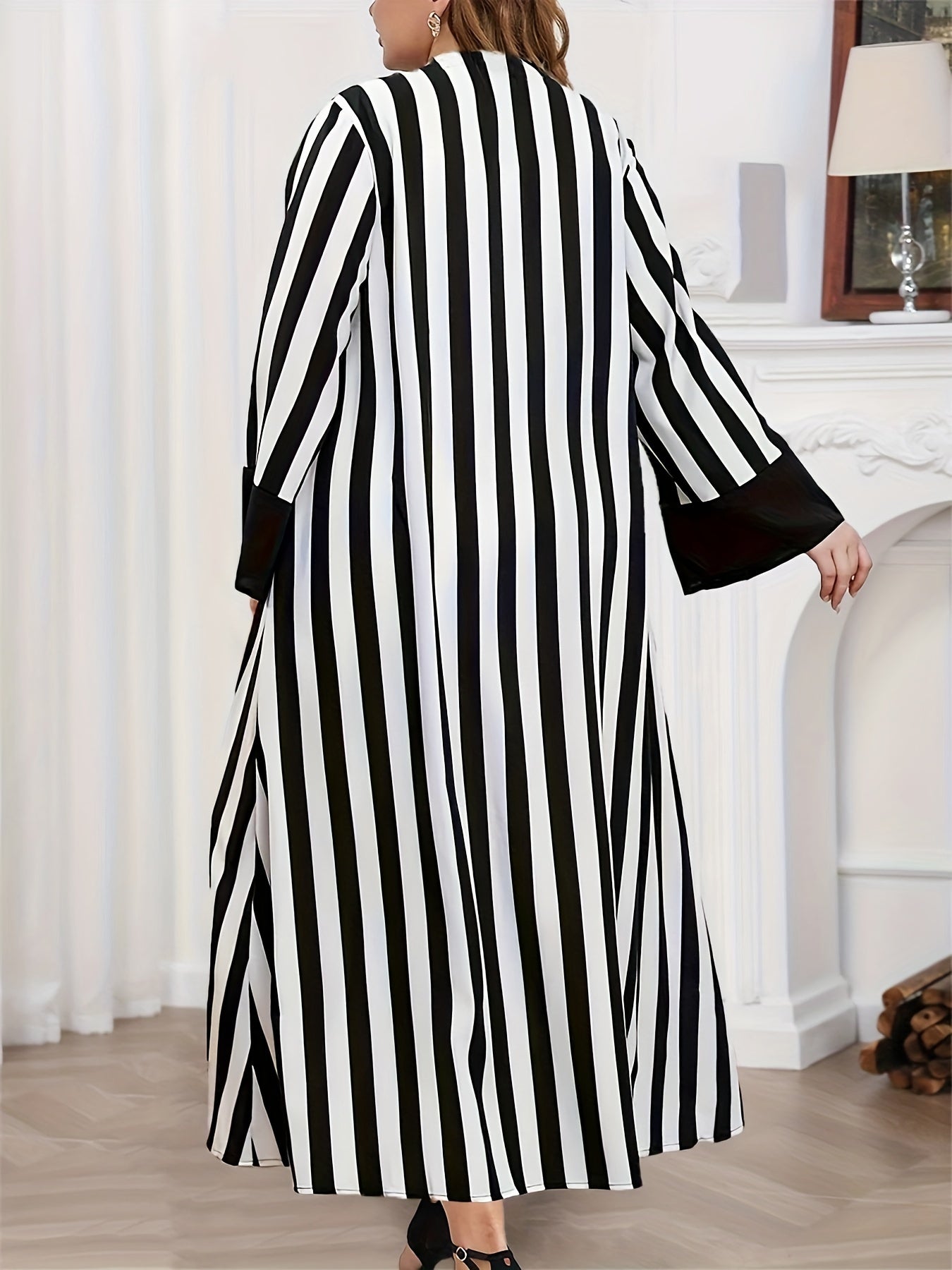 Plus Size Striped Long Sleeve Cardigan Lightweight Open Front