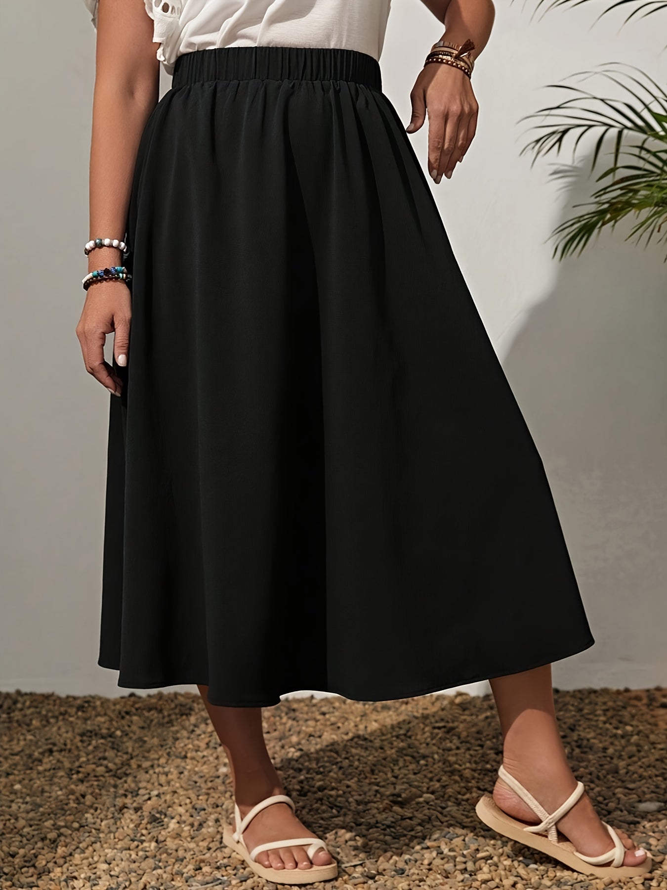 Plus Size Black A-Line Skirt with Elastic Waist Loose Fit Summer Casual