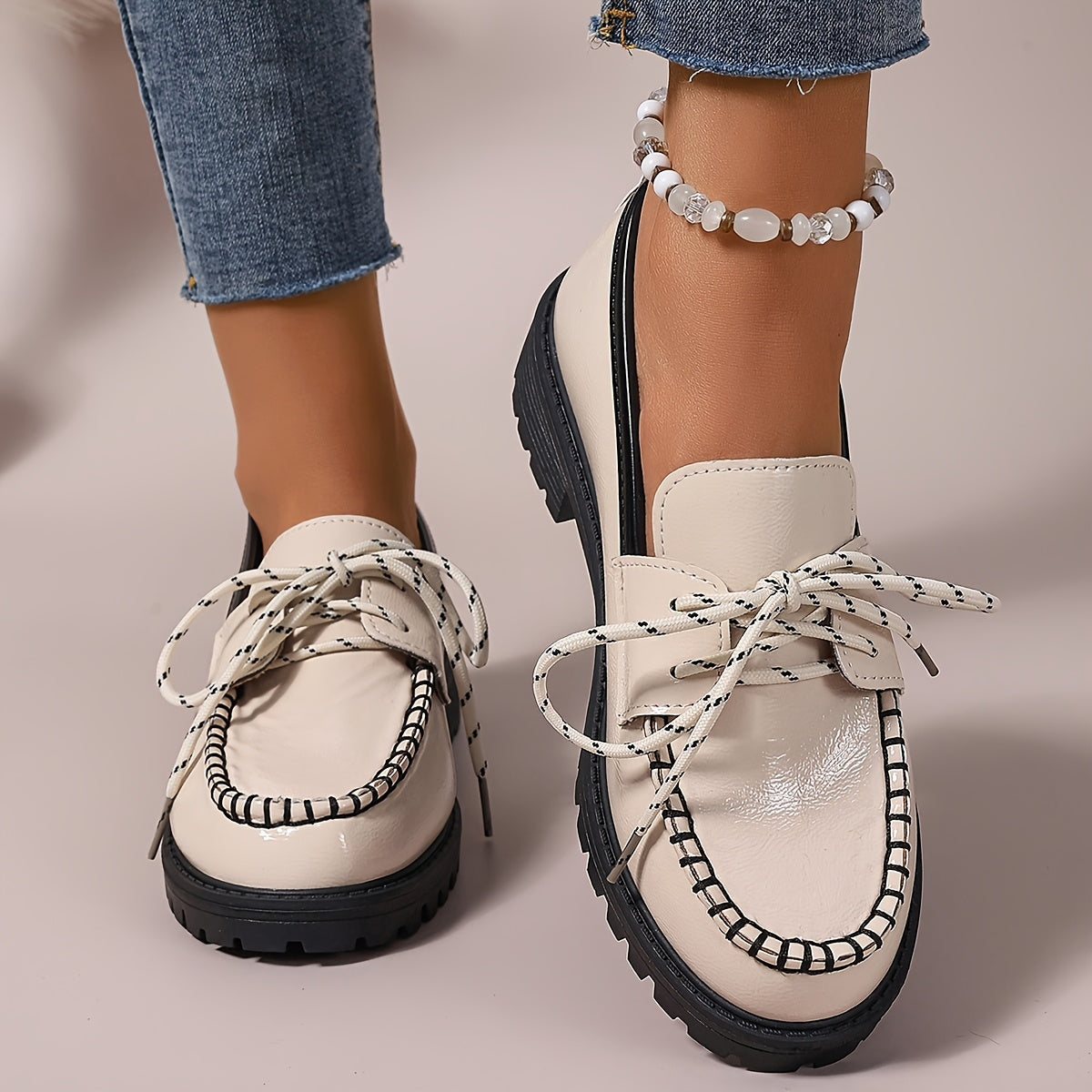 Women's White Loafers with Black Accents Casual Slip-On Platform Shoes