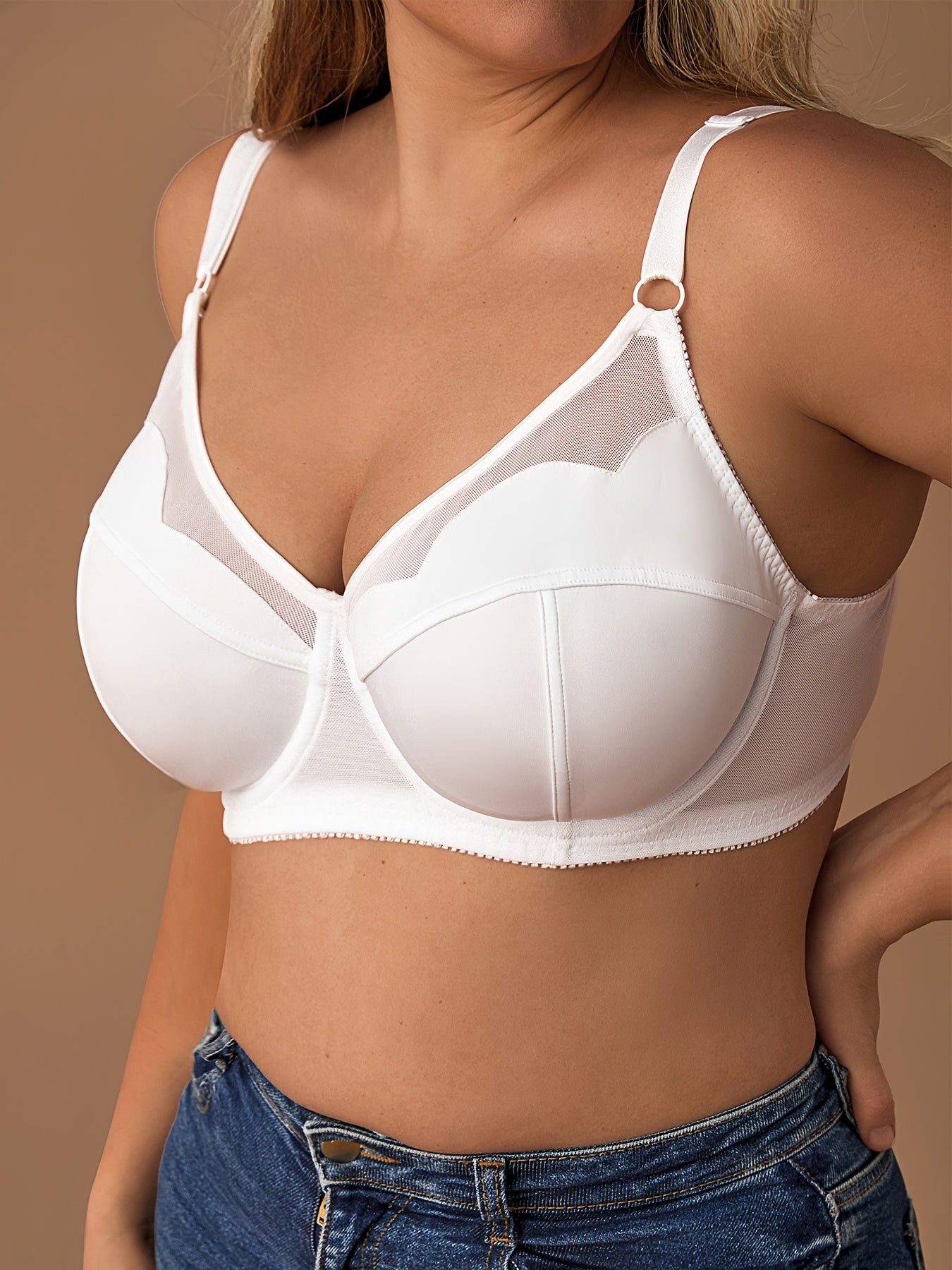 Women's Underwire Bra with Stretch Knit Fabric Mesh Detail No Padding