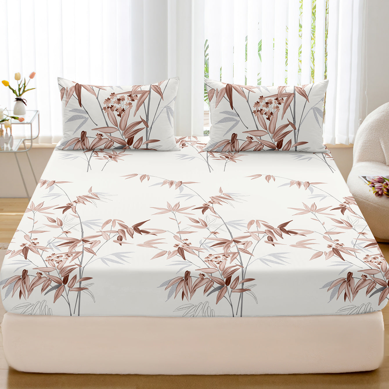 Set of 3 Plant Printed Fitted Sheets Bedding Set Breathable Soft for Bedroom and Guest Room