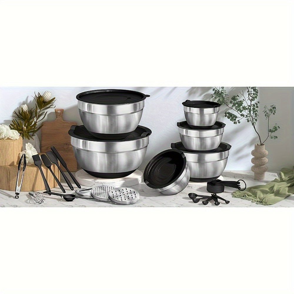 Set of 26 Stainless Steel Mixing Bowls with Lids and Grater Non-Slip Bottoms