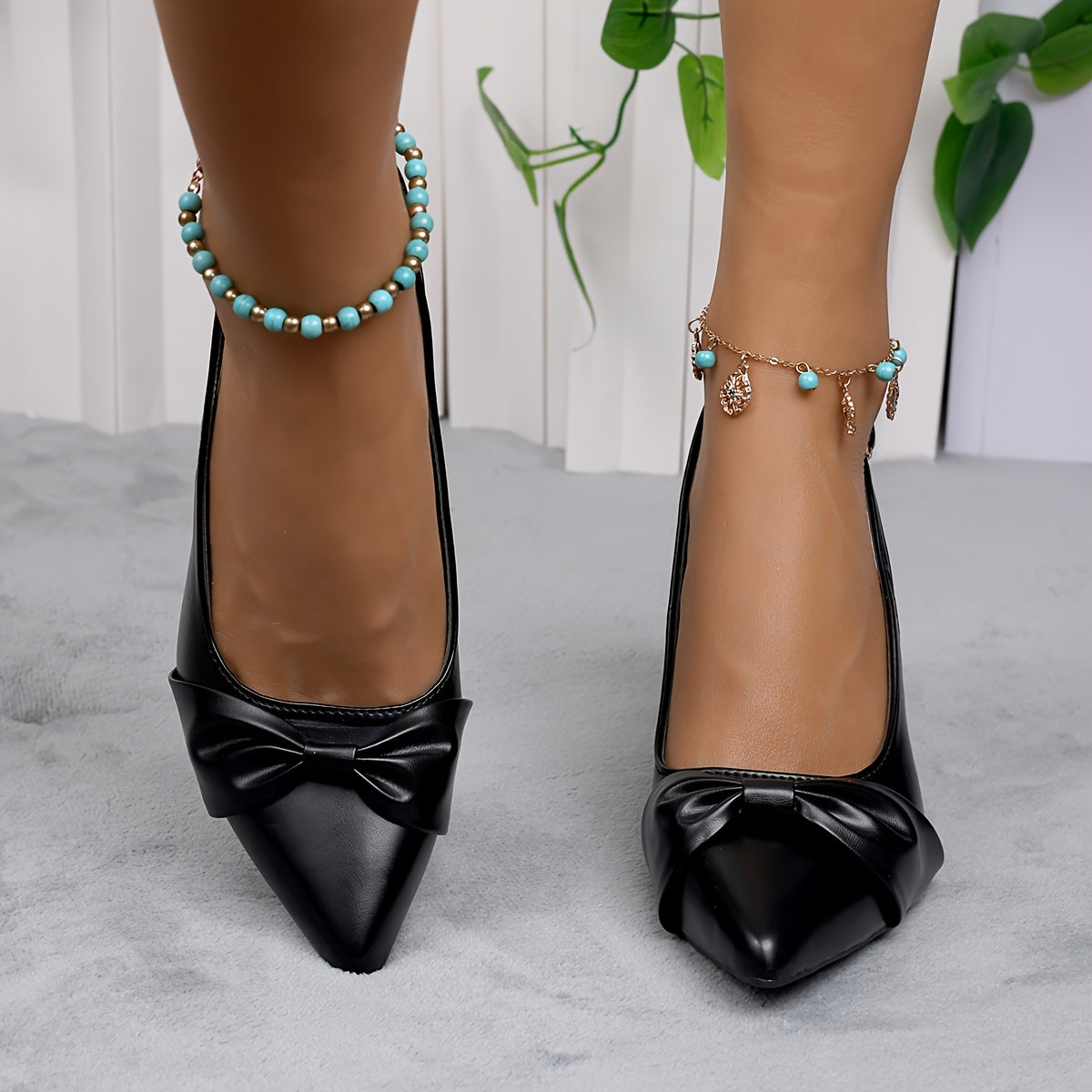 Women’s Faux Leather Slingback Sandals With Pointed Toe and Bow Detail