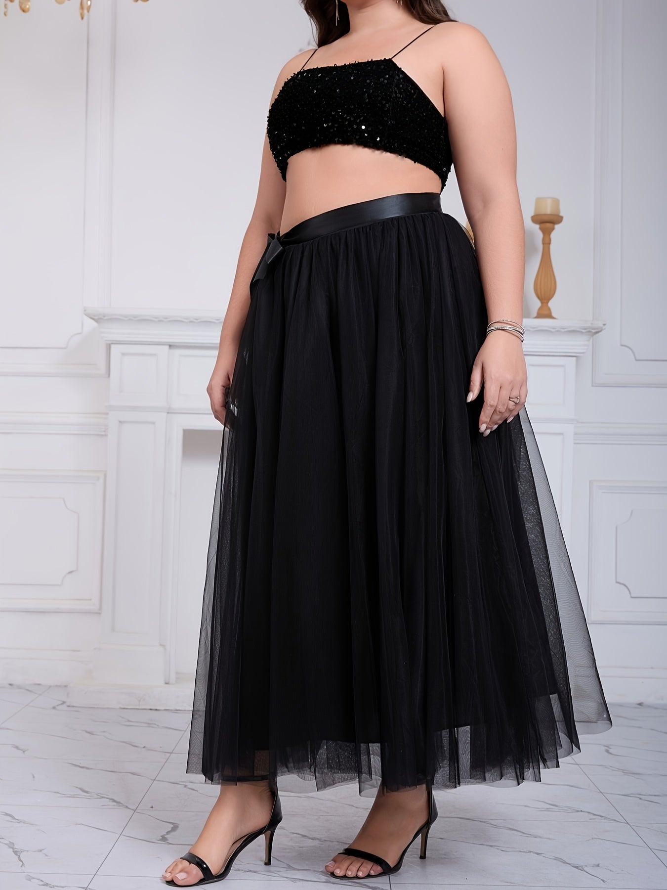 Plus Size Women's Elegant Black Tulle A-Line Skirt With Slit for Formal Wear