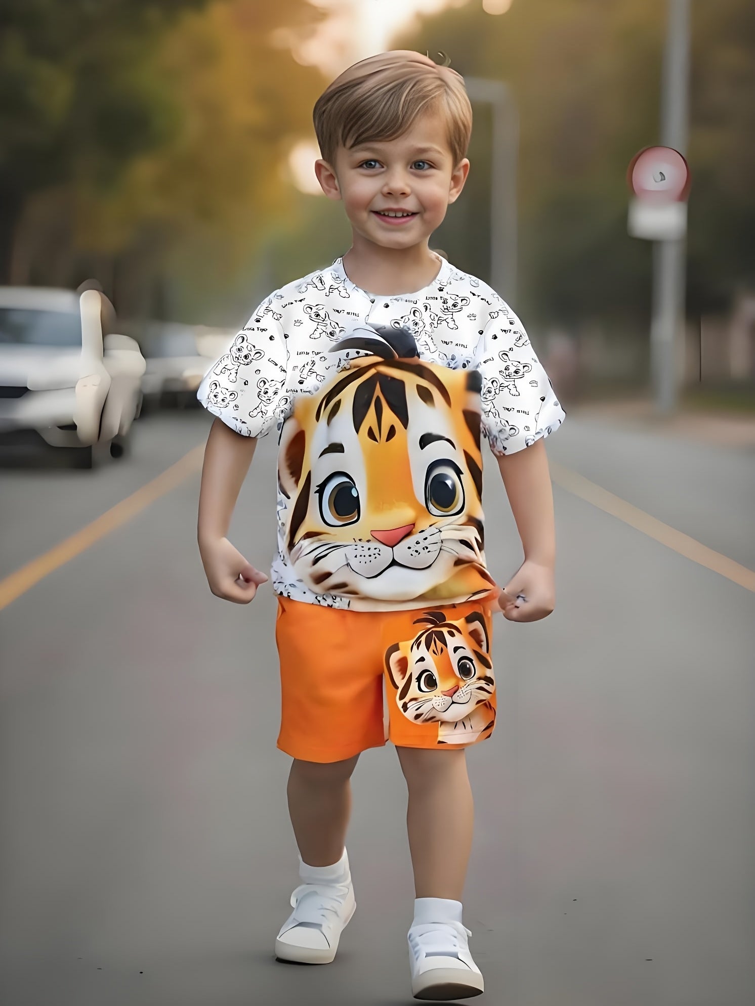 Boys Tiger Print Casual Outfit Set Short Sleeve T-Shirt and Shorts Summer Kids Clothing