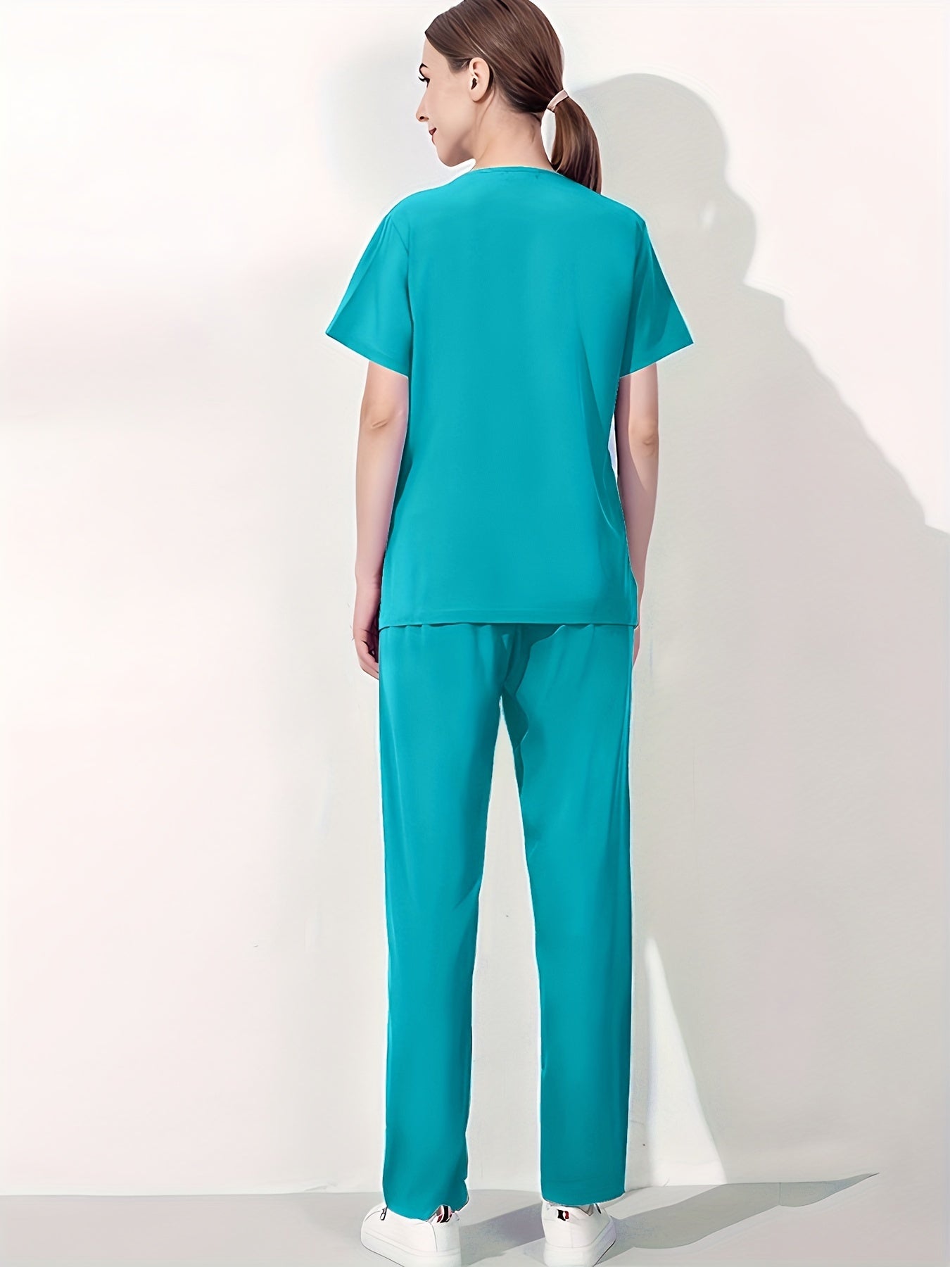 Women's Scrub Set V-Neck Top and Drawstring Pants Breathable Polyester Spandex Medical Uniform