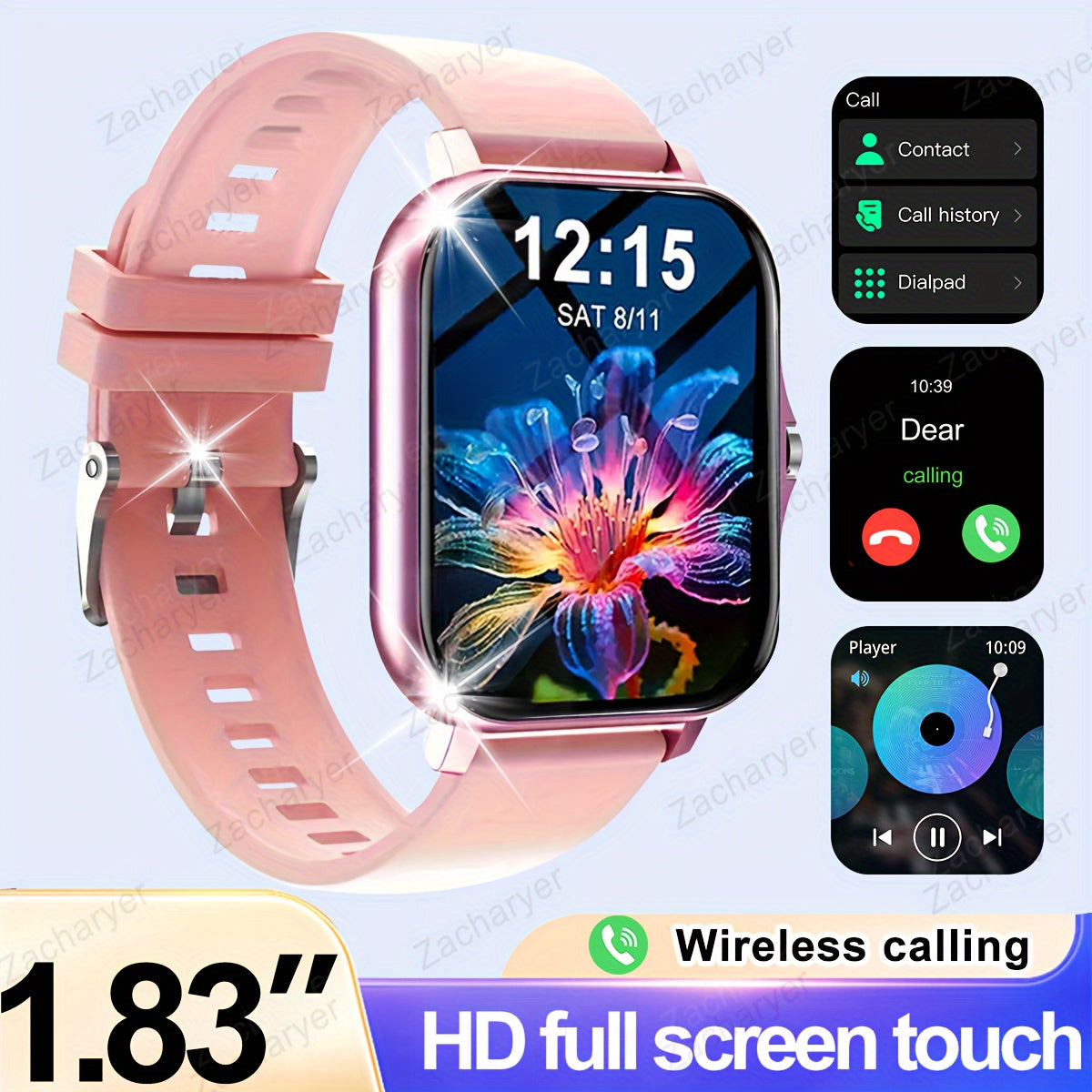 Full-Screen Touch Smartwatch with Call Alerts Sports Modes Compatible with Android and iPhone Square Silicone Band