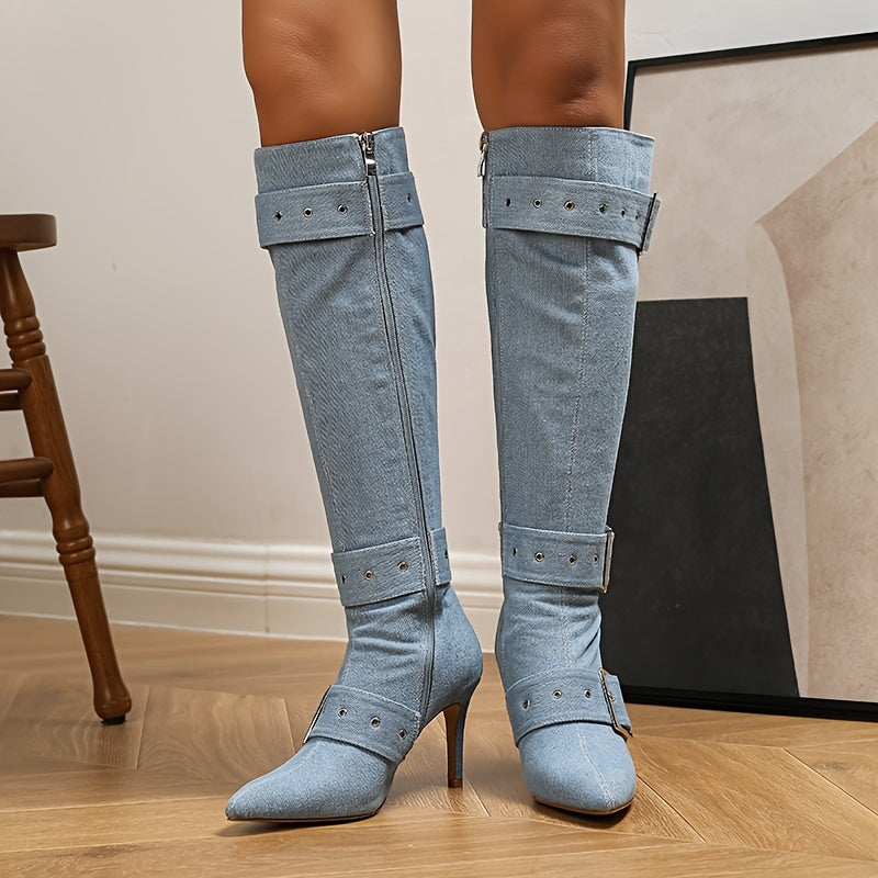 Женские ботинки на шпильке с заостренным носком и высокими голенищами, ультра-высокие, из ткани, с молнией, черные