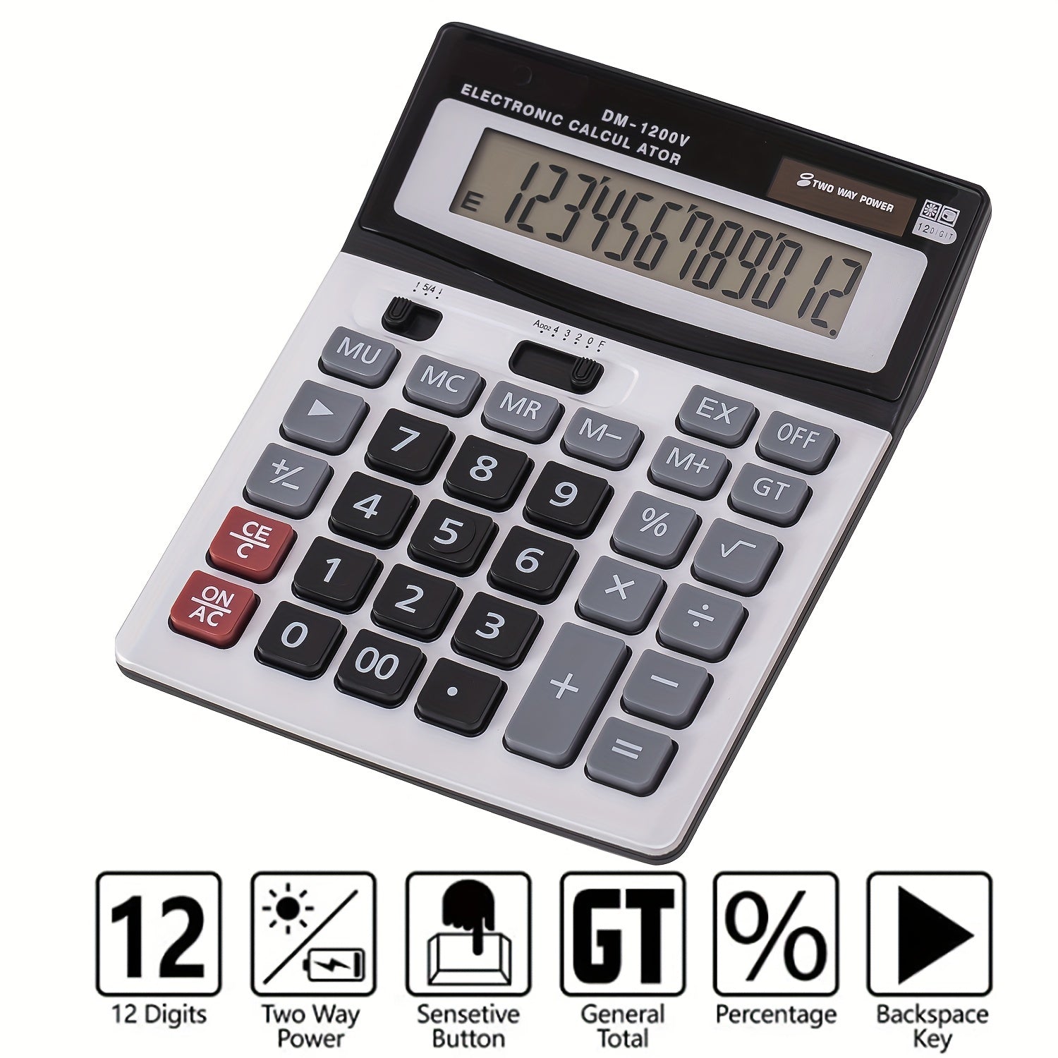 Desktop Calculator Large Display Big Buttons Dual Power 12-Digit Office Use
