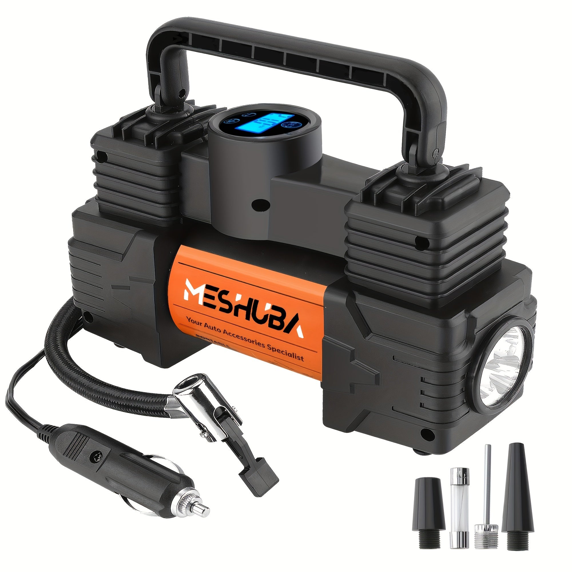 Portable MESHUBA shinalarni inflatsiya qiluvchi: 12V havo kompressori, 150PSI nasos va raqamli o'lchov bilan avtomobillar, velosipedlar va boshqalar uchun, to'q sariq rangda.