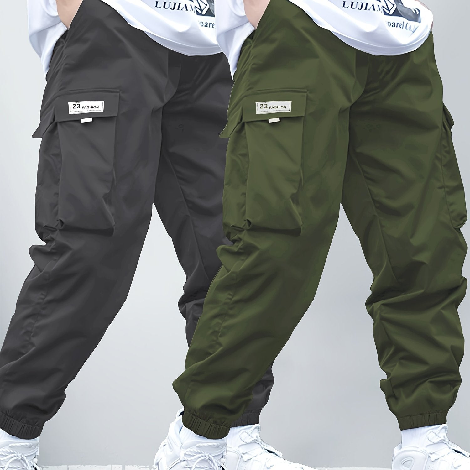 Boys Cargo Pants with Elastic Waist and Multi-Pocket Design in Durable Polyester for All Seasons