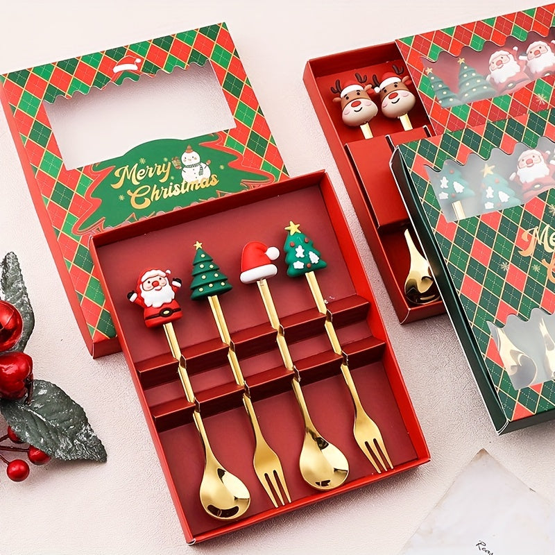 Christmas Themed Stainless Steel Cutlery Set 4 or 6 Pieces Gift Box for Desserts and Coffee