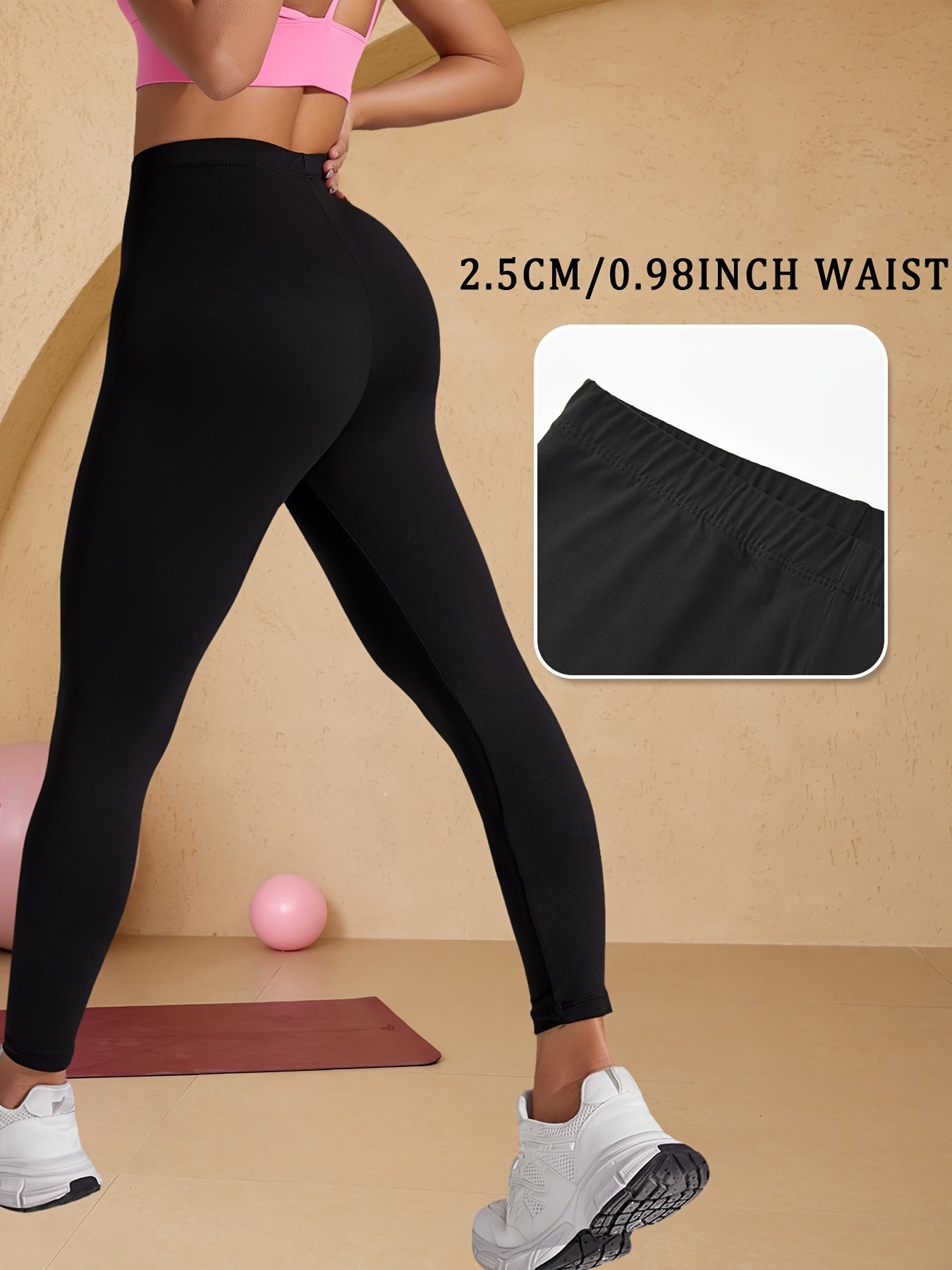 Women Plus Size Soft Sport Leggings with Text Black Pink for Running Yoga