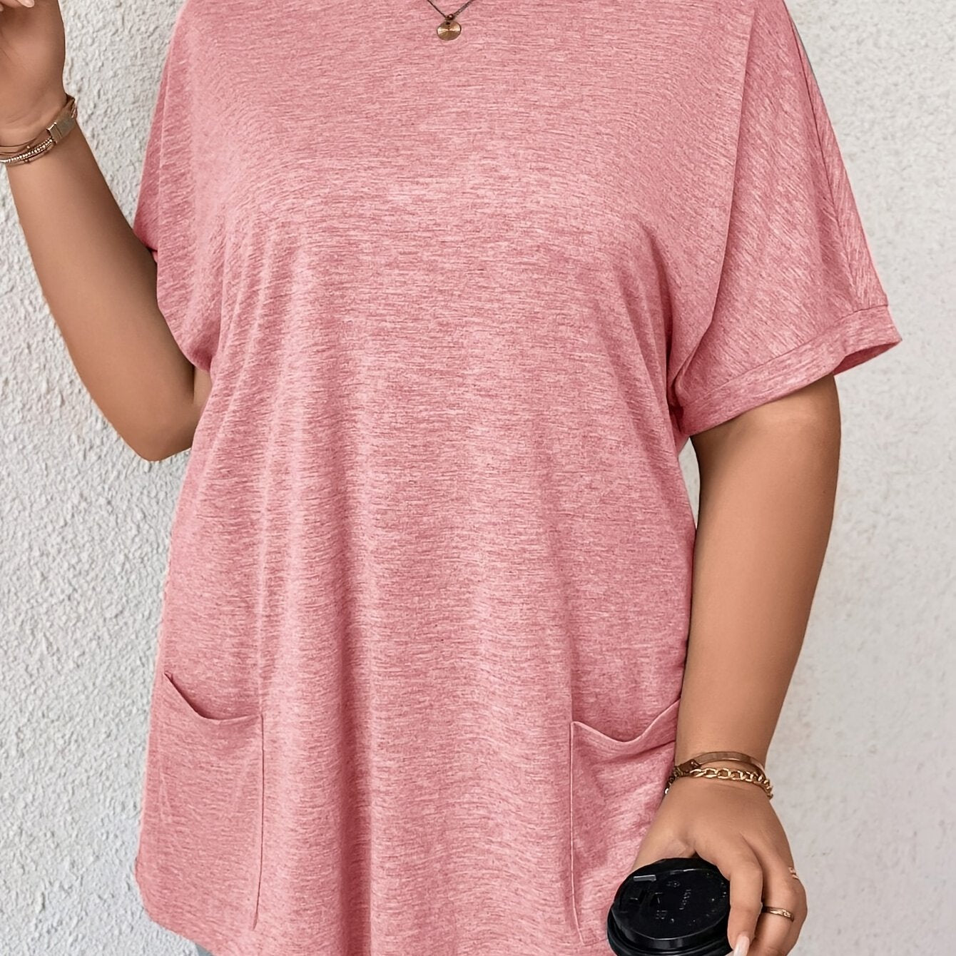 Women's Casual Polyester Blend Crew Neck T-Shirt with Pocket Short Sleeve