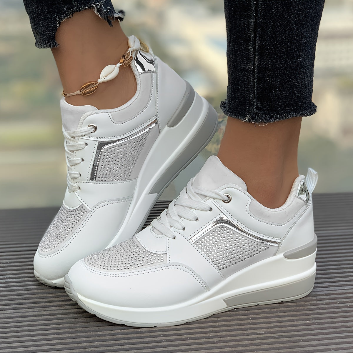 Women's Rhinestone Decor Athletic Shoes, Lace-Up Low Top Running Sneakers, Plus Size