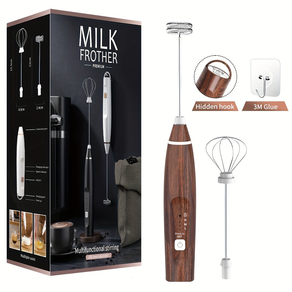 Electric Milk Frother Handheld with 3-Speed Adjustable USB Rechargeable and Stainless Steel Whisks
