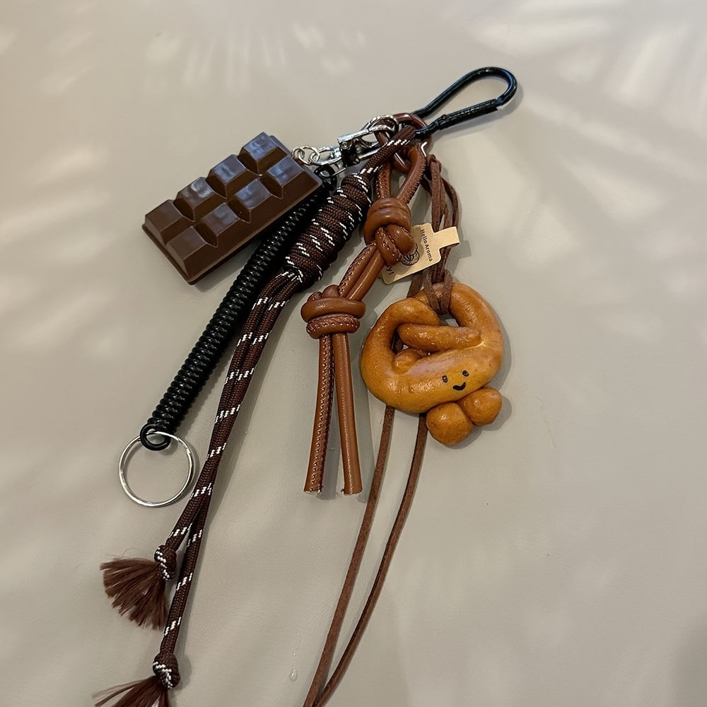 Rock-Inspired Faux Leather Keychain with Chocolate Pretzel Donut Charms and Tassel
