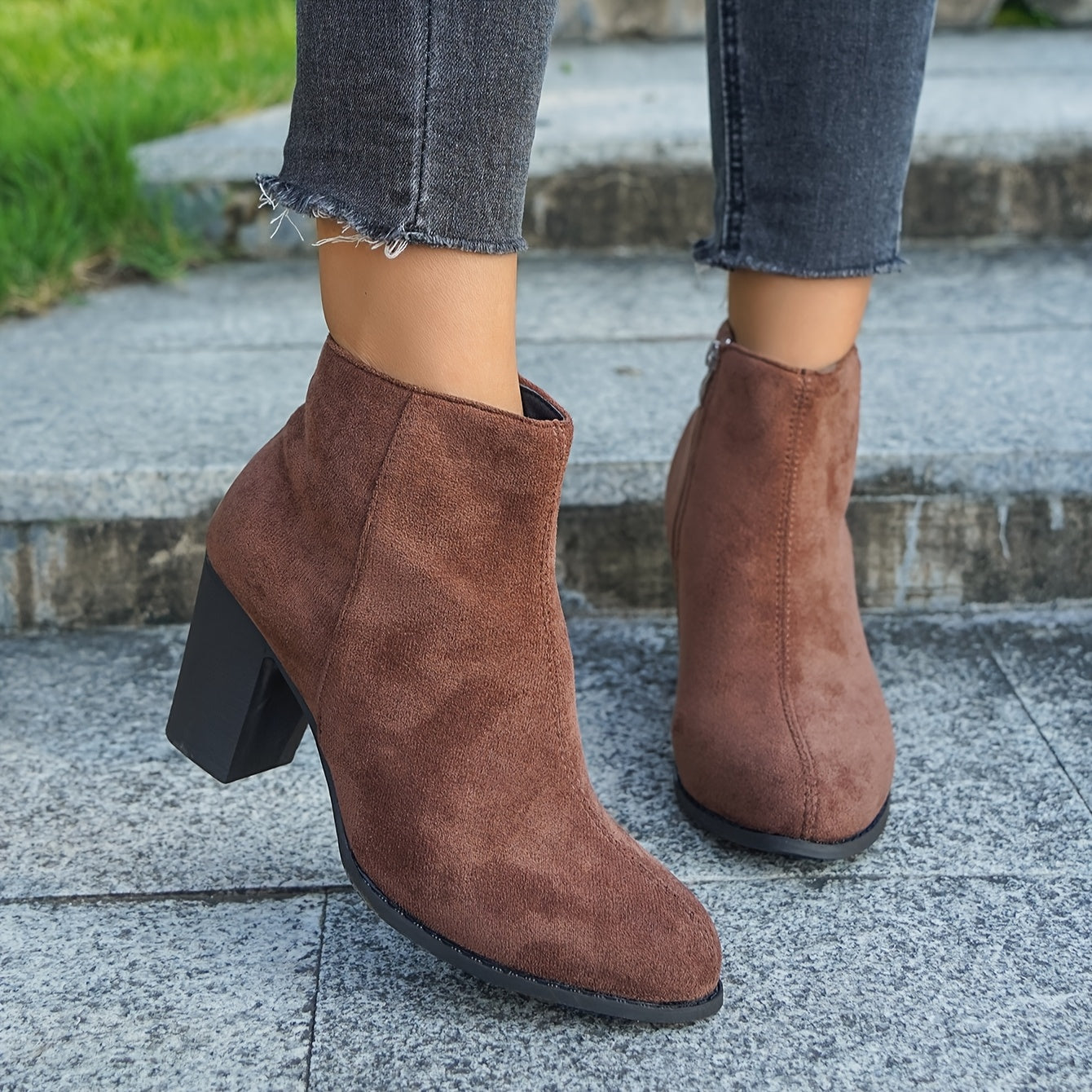 Women's Fabric Ankle Boots Side Zipper Round Toe Block Heel Solid Color