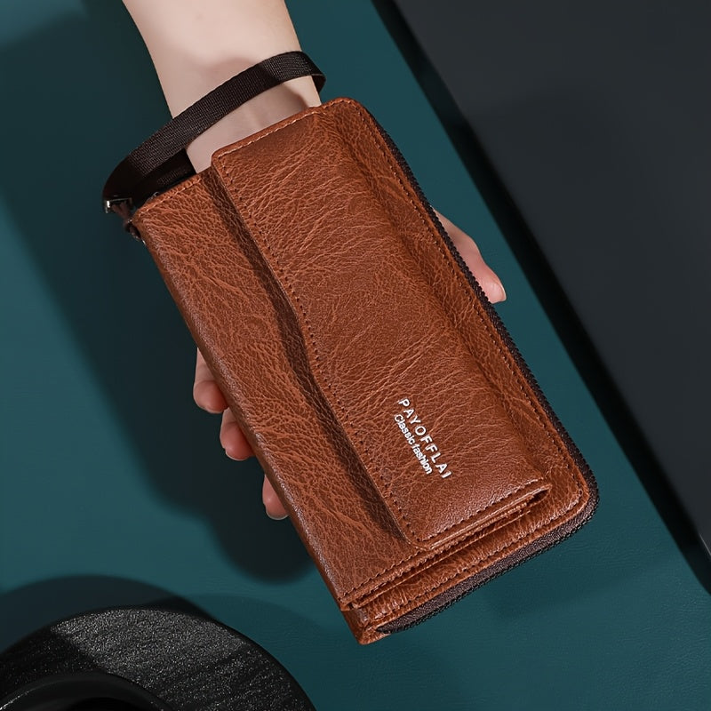 Cartera vintage marrón retro para hombres y mujeres con cierre de cremallera, ranuras para tarjetas, compartimento oculto y bolsillo para fotos