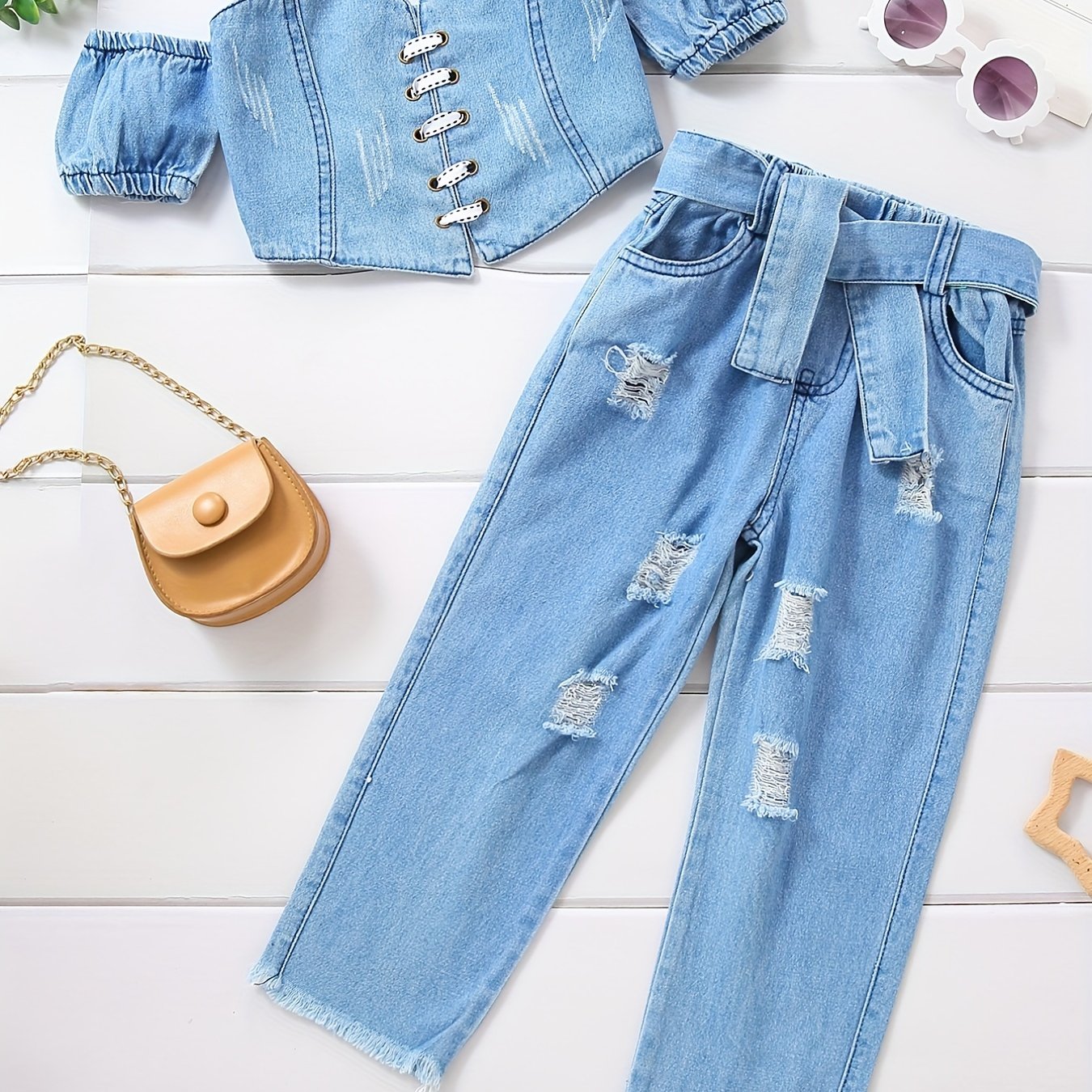 Toddler Girls Denim Set with Ripped Jeans and Tube Top for Summer Outdoor Wear