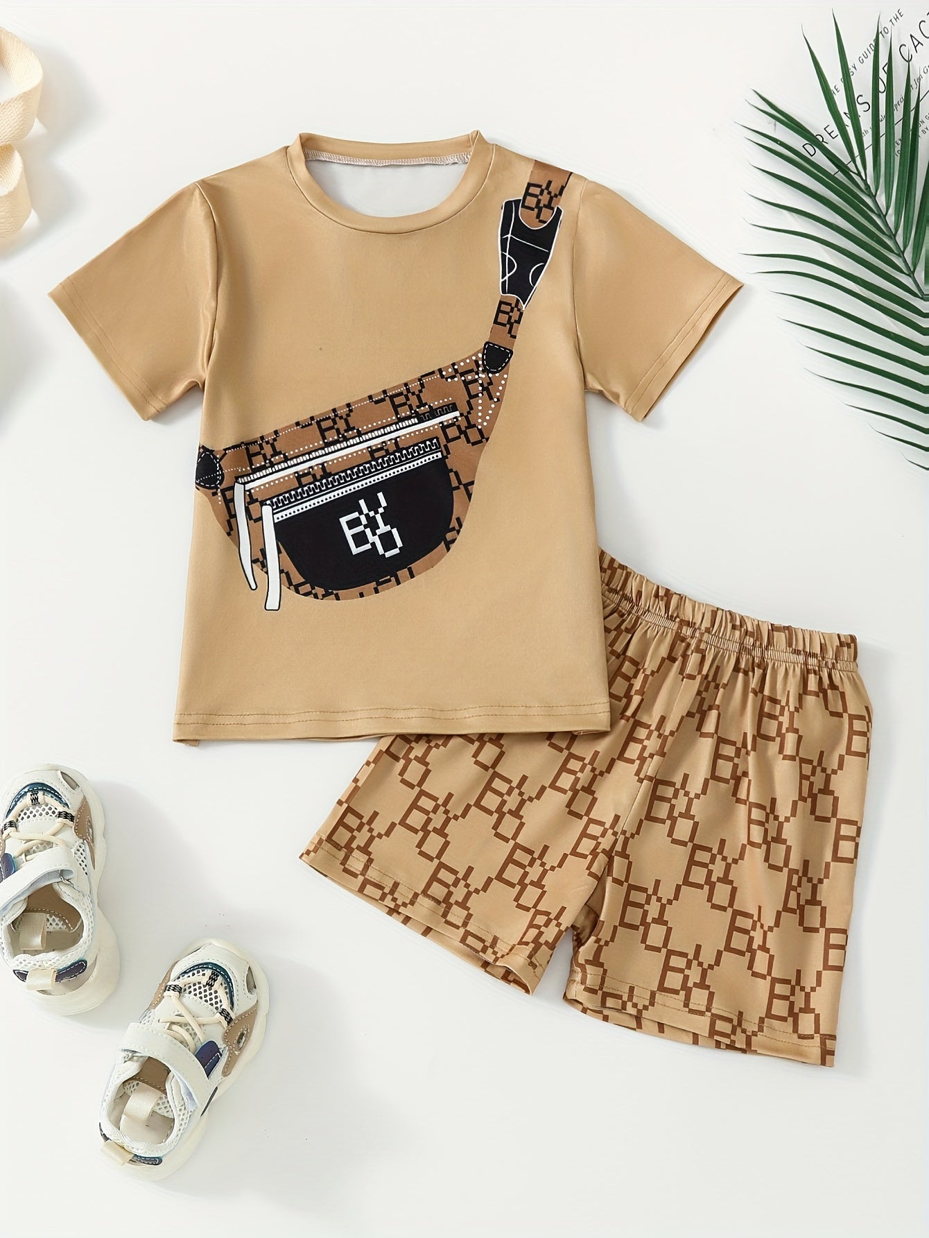 Boys Summer Outfit Set Beige T-Shirt Leopard Print Chest Bag Shorts Casual Polyester